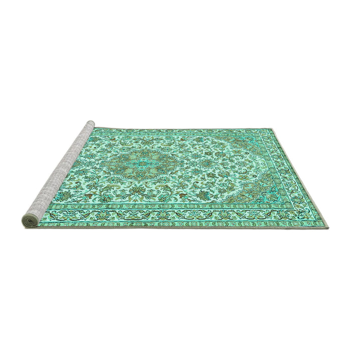Sideview of Machine Washable Medallion Turquoise Traditional Area Rugs, wshtr371turq
