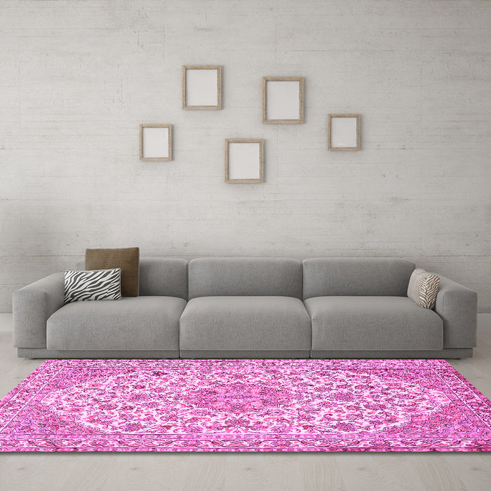 Machine Washable Medallion Pink Traditional Rug in a Living Room, wshtr371pnk