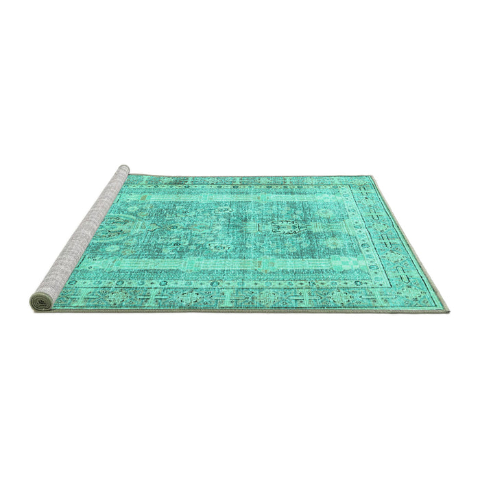 Sideview of Machine Washable Persian Turquoise Traditional Area Rugs, wshtr3726turq