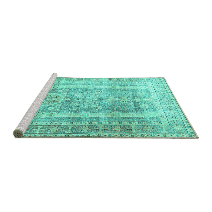 Sideview of Machine Washable Persian Turquoise Traditional Area Rugs, wshtr3727turq