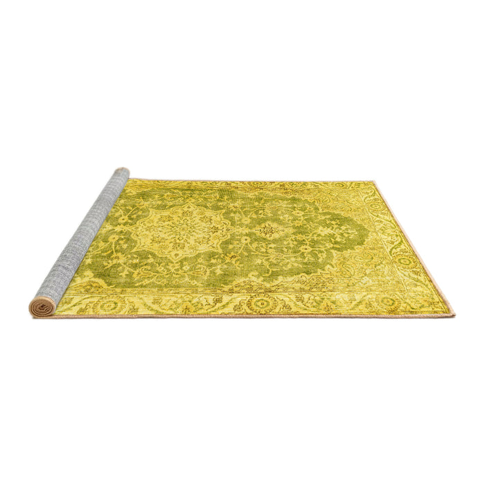 Sideview of Machine Washable Medallion Yellow Traditional Rug, wshtr3730yw