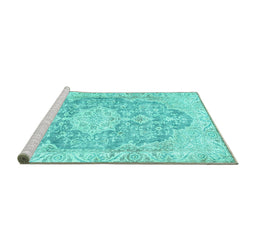 Sideview of Machine Washable Medallion Turquoise Traditional Area Rugs, wshtr3730turq