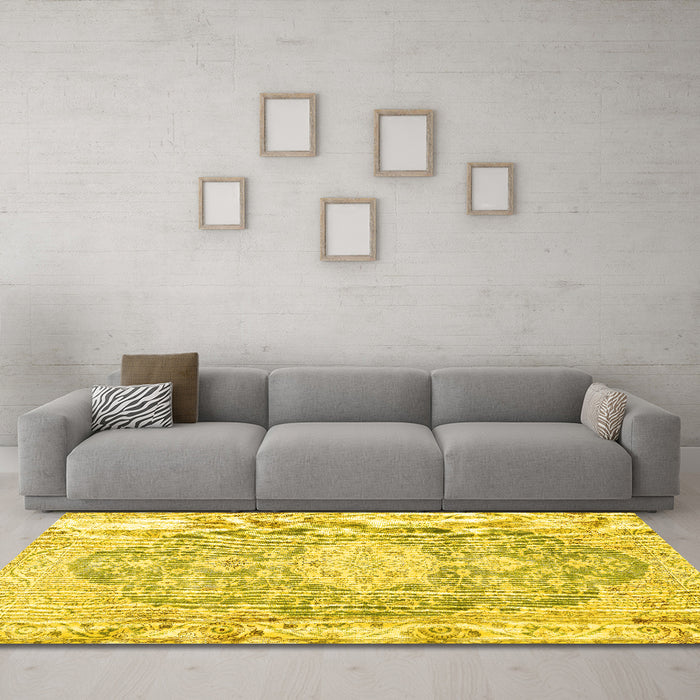 Machine Washable Medallion Yellow Traditional Rug in a Living Room, wshtr3730yw