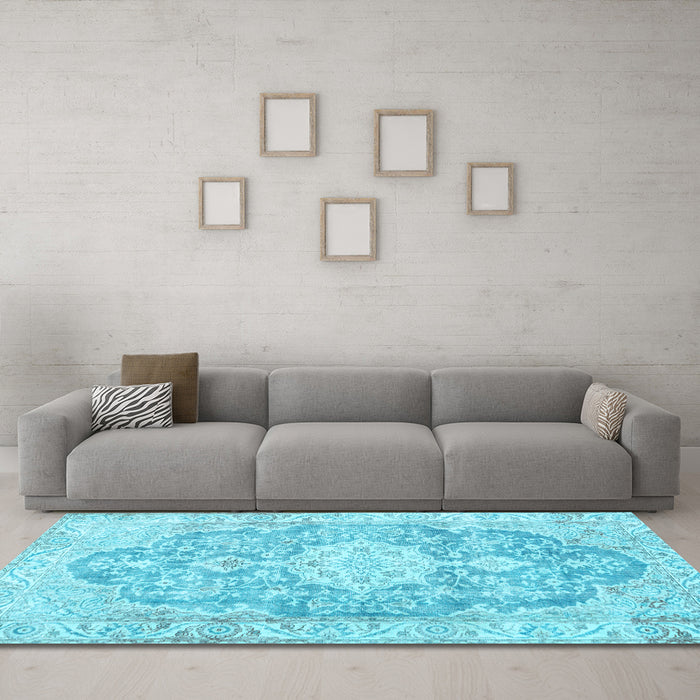 Machine Washable Medallion Light Blue Traditional Rug in a Living Room, wshtr3730lblu