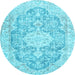 Round Machine Washable Medallion Light Blue Traditional Rug, wshtr3730lblu