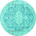 Round Machine Washable Medallion Turquoise Traditional Area Rugs, wshtr3730turq