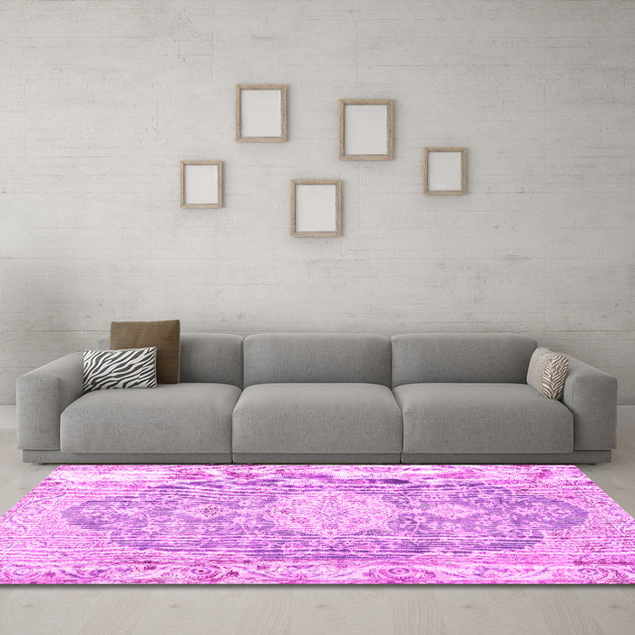 Machine Washable Medallion Pink Traditional Rug in a Living Room, wshtr3730pnk