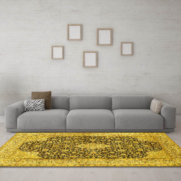 Machine Washable Medallion Yellow Traditional Rug in a Living Room, wshtr373yw