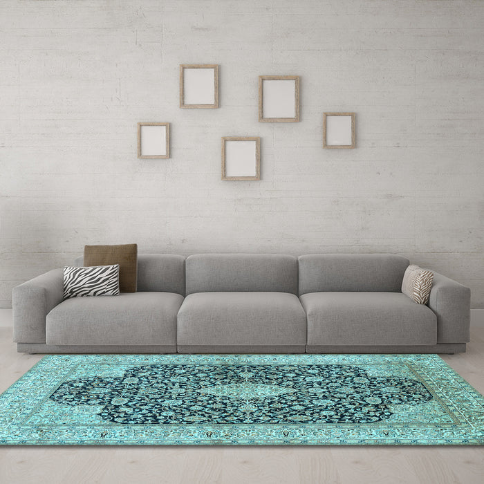 Machine Washable Medallion Light Blue Traditional Rug in a Living Room, wshtr373lblu