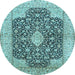 Round Machine Washable Medallion Light Blue Traditional Rug, wshtr373lblu