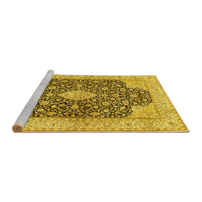 Sideview of Machine Washable Medallion Yellow Traditional Rug, wshtr373yw