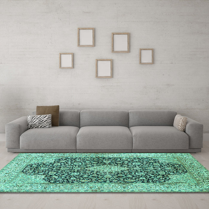 Machine Washable Medallion Turquoise Traditional Area Rugs in a Living Room,, wshtr373turq