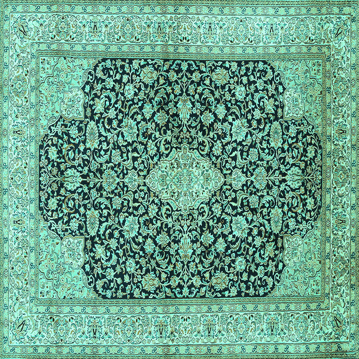 Square Machine Washable Medallion Turquoise Traditional Area Rugs, wshtr373turq