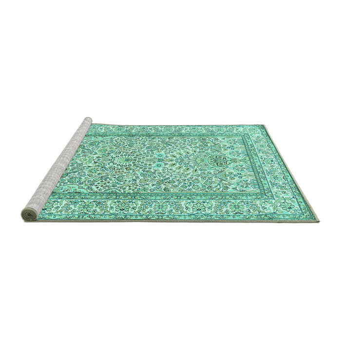 Sideview of Machine Washable Persian Turquoise Traditional Area Rugs, wshtr374turq