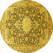 Round Machine Washable Medallion Yellow Traditional Rug, wshtr376yw