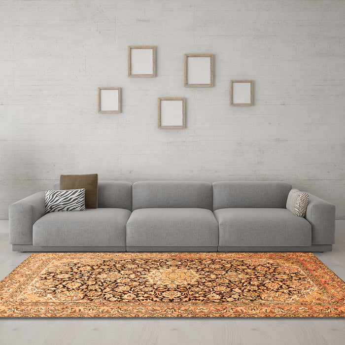 Machine Washable Medallion Orange Traditional Area Rugs in a Living Room, wshtr376org