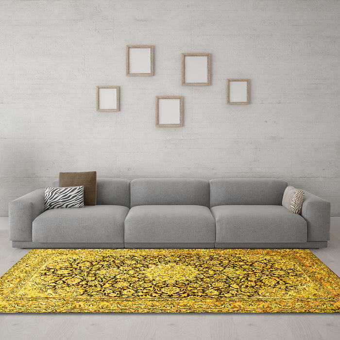 Machine Washable Medallion Yellow Traditional Rug in a Living Room, wshtr376yw