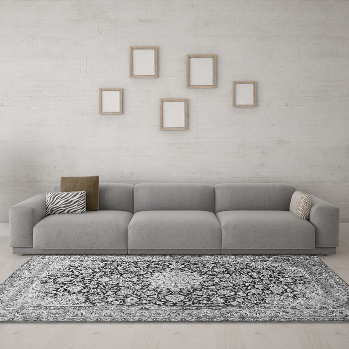 Machine Washable Medallion Gray Traditional Rug in a Living Room,, wshtr376gry