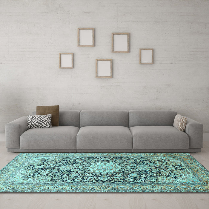 Machine Washable Medallion Light Blue Traditional Rug in a Living Room, wshtr376lblu