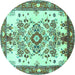 Round Machine Washable Medallion Turquoise Traditional Area Rugs, wshtr3771turq