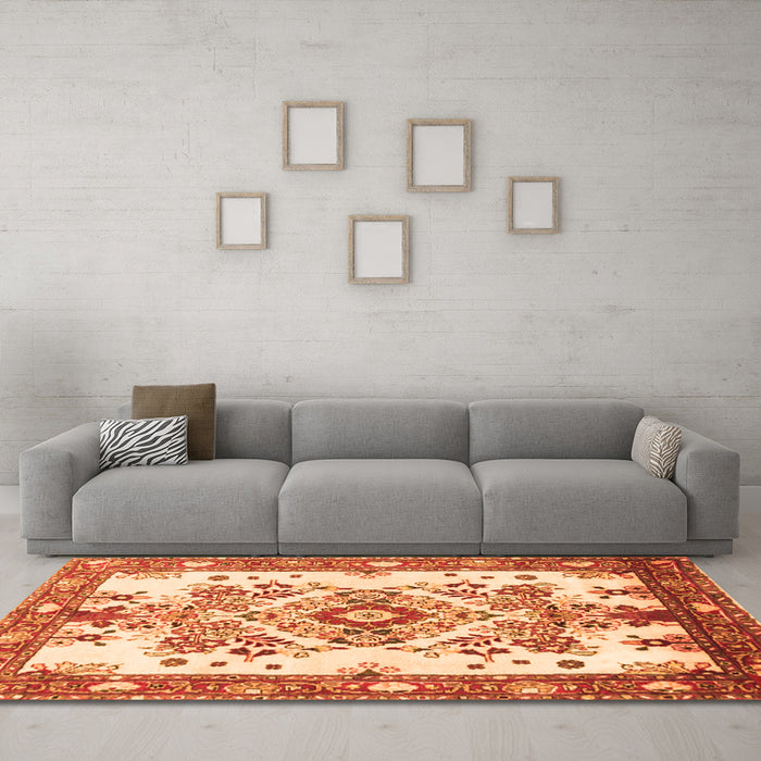 Machine Washable Medallion Orange Traditional Area Rugs in a Living Room, wshtr3771org
