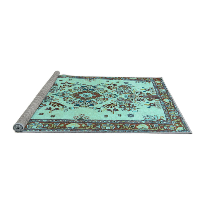 Sideview of Machine Washable Medallion Light Blue Traditional Rug, wshtr3771lblu
