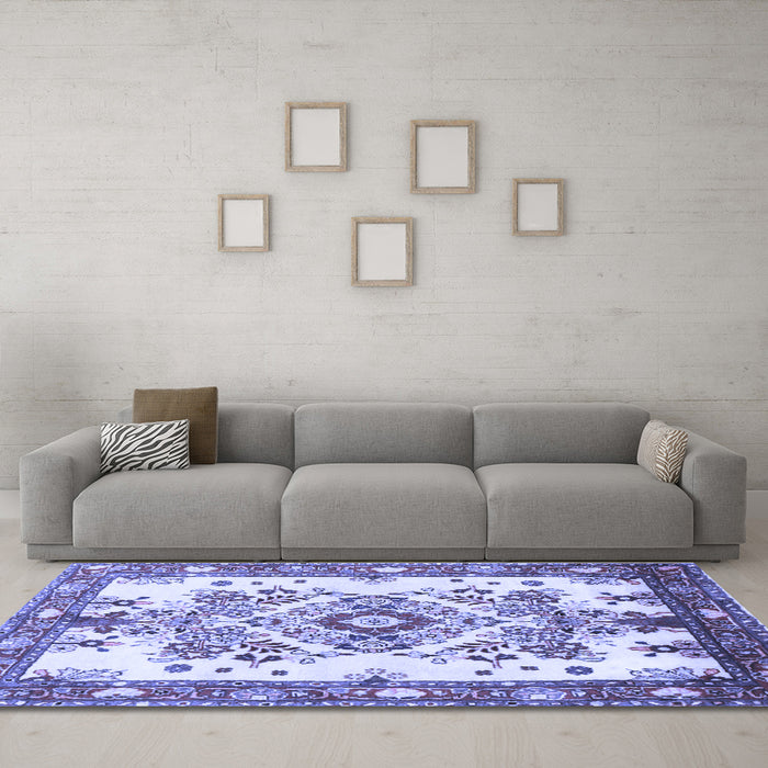 Machine Washable Medallion Blue Traditional Rug in a Living Room, wshtr3771blu