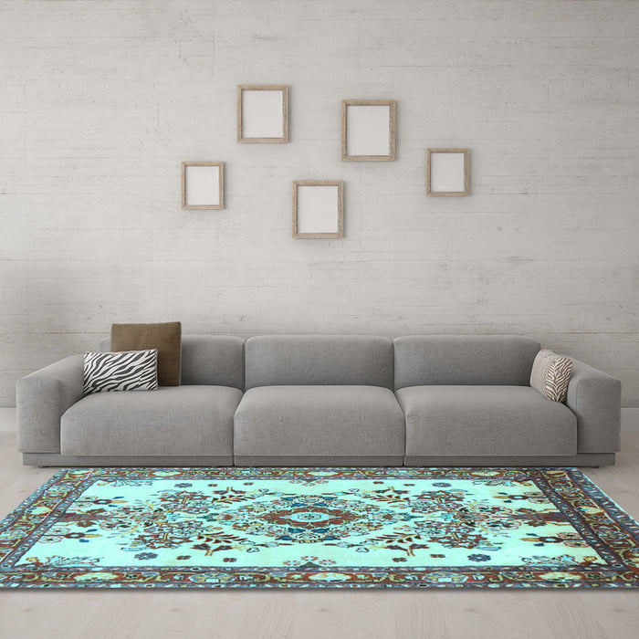 Machine Washable Medallion Light Blue Traditional Rug in a Living Room, wshtr3771lblu