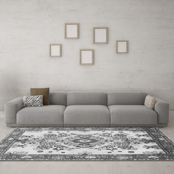 Machine Washable Medallion Gray Traditional Rug in a Living Room,, wshtr3771gry