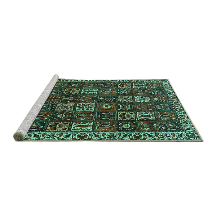 Sideview of Machine Washable Persian Turquoise Traditional Area Rugs, wshtr3776turq