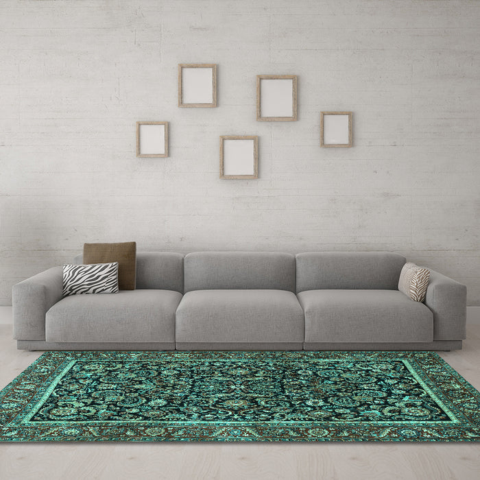 Machine Washable Persian Turquoise Traditional Area Rugs in a Living Room,, wshtr3777turq