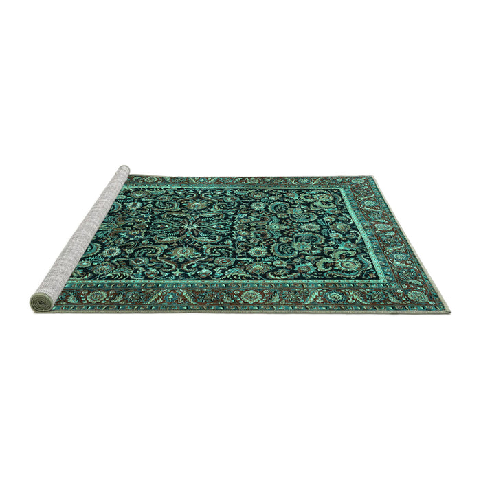 Sideview of Machine Washable Persian Turquoise Traditional Area Rugs, wshtr3777turq