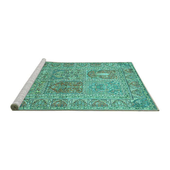 Sideview of Machine Washable Persian Turquoise Traditional Area Rugs, wshtr377turq