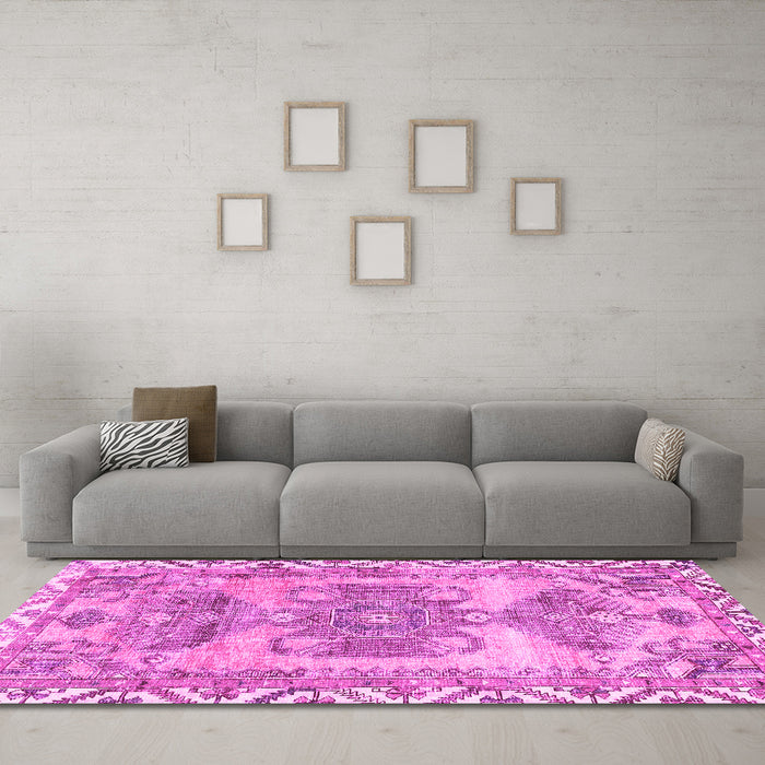 Machine Washable Persian Pink Traditional Rug in a Living Room, wshtr3781pnk