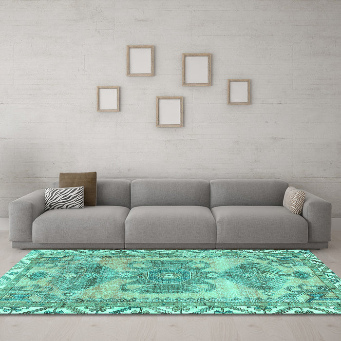 Machine Washable Persian Turquoise Traditional Area Rugs in a Living Room,, wshtr3781turq