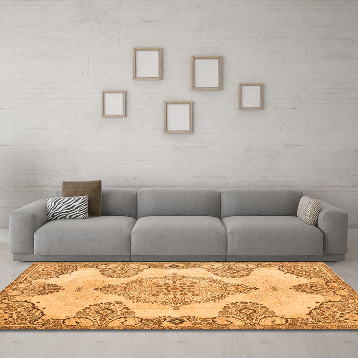Machine Washable Medallion Orange Traditional Area Rugs in a Living Room, wshtr3784org
