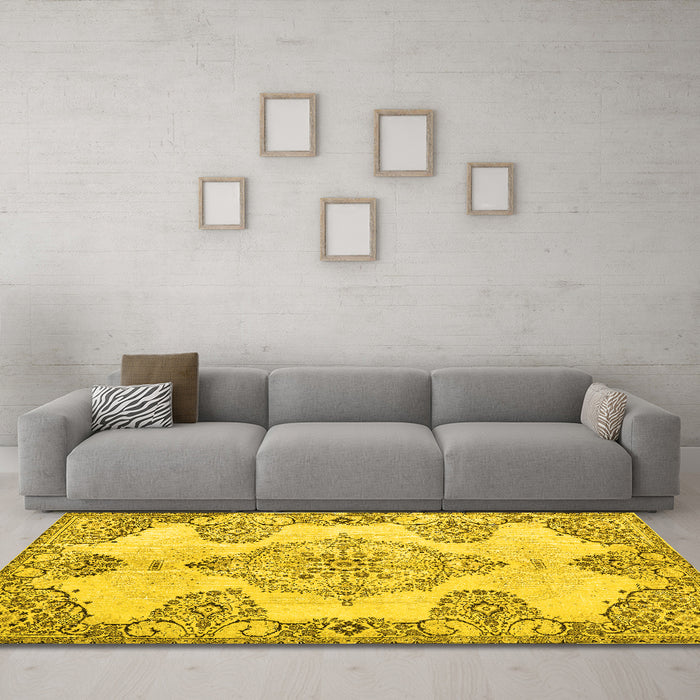 Machine Washable Medallion Yellow Traditional Rug in a Living Room, wshtr3784yw