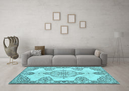 Machine Washable Medallion Light Blue Traditional Rug in a Living Room, wshtr3784lblu
