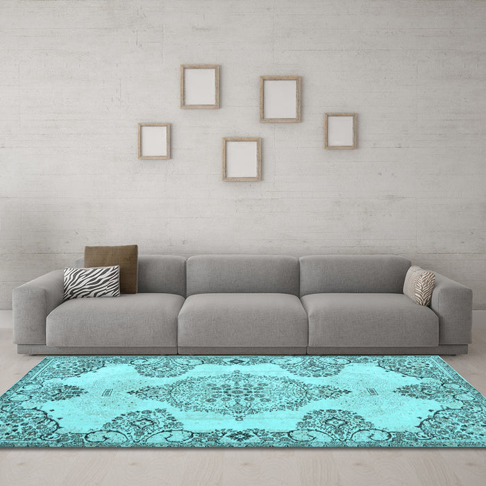Machine Washable Medallion Light Blue Traditional Rug in a Living Room, wshtr3784lblu
