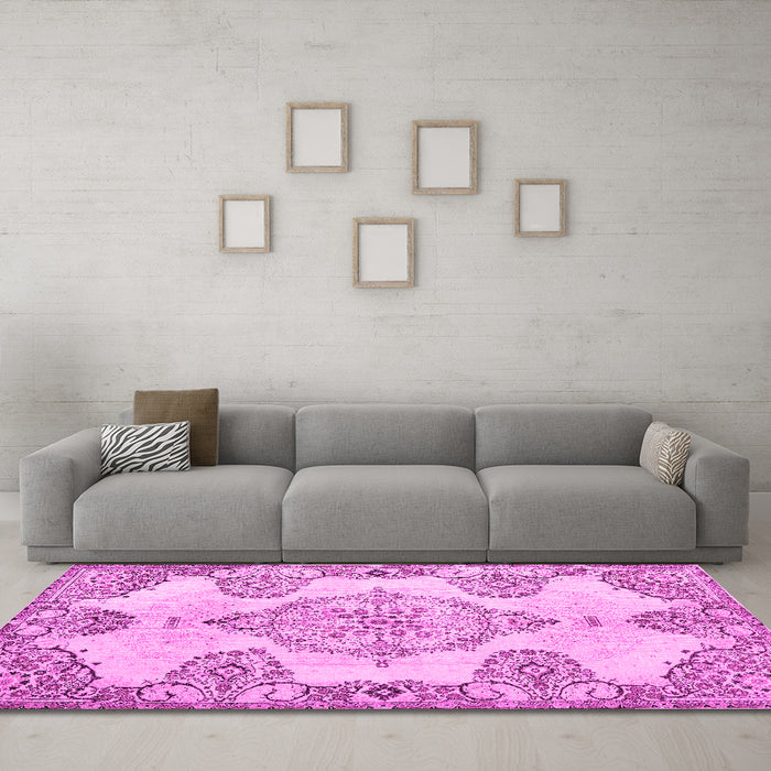 Machine Washable Medallion Pink Traditional Rug in a Living Room, wshtr3784pnk