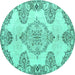 Round Machine Washable Medallion Turquoise Traditional Area Rugs, wshtr3784turq