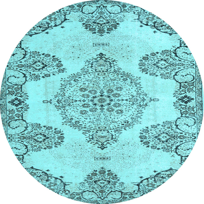 Round Machine Washable Medallion Light Blue Traditional Rug, wshtr3784lblu