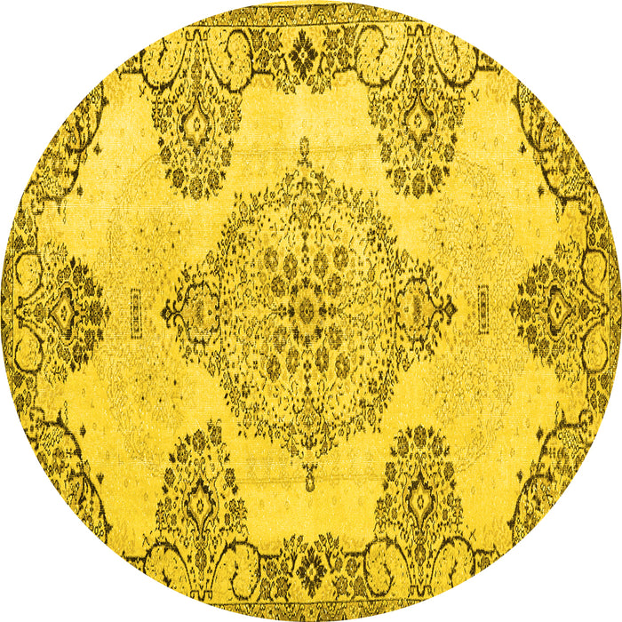 Round Machine Washable Medallion Yellow Traditional Rug, wshtr3784yw