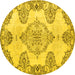 Round Machine Washable Medallion Yellow Traditional Rug, wshtr3784yw