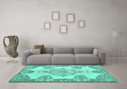 Machine Washable Medallion Turquoise Traditional Area Rugs in a Living Room,, wshtr3784turq