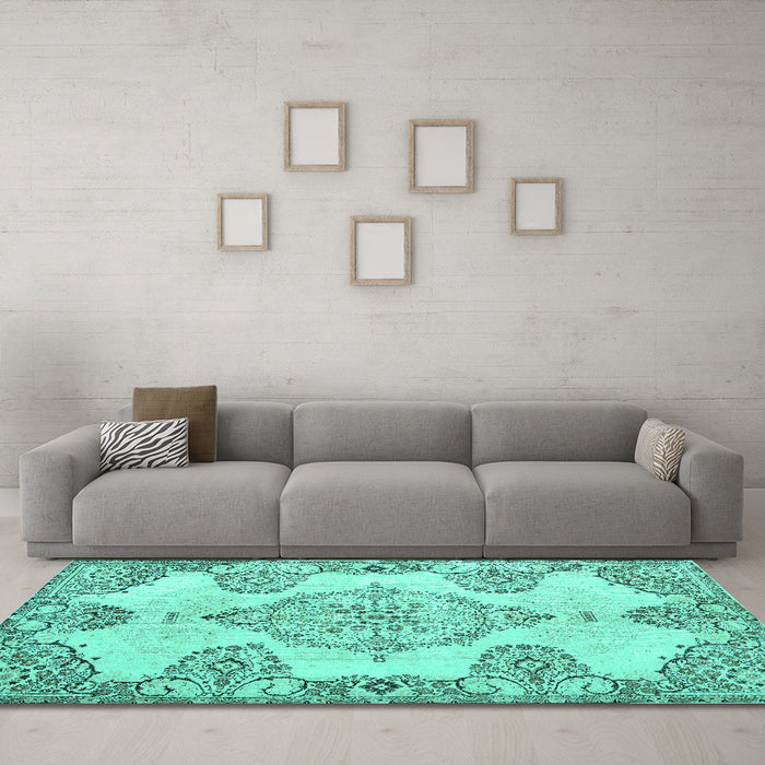Machine Washable Medallion Turquoise Traditional Area Rugs in a Living Room,, wshtr3784turq