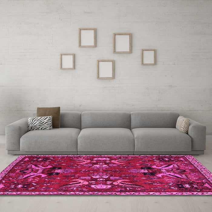 Machine Washable Animal Pink Traditional Rug in a Living Room, wshtr3785pnk