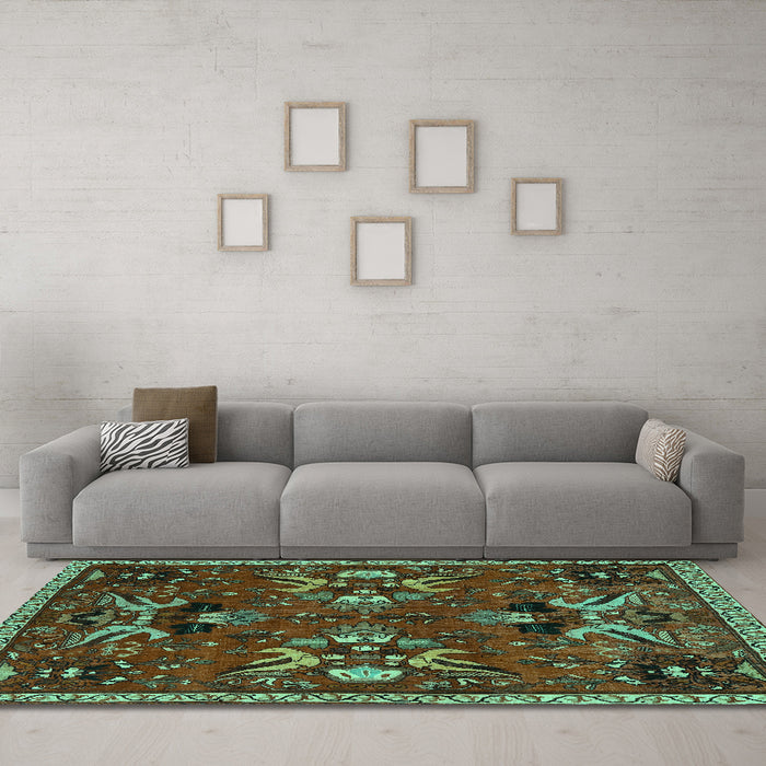 Machine Washable Animal Turquoise Traditional Area Rugs in a Living Room,, wshtr3785turq