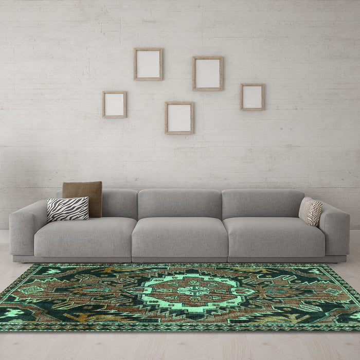 Machine Washable Medallion Turquoise Traditional Area Rugs in a Living Room,, wshtr3786turq