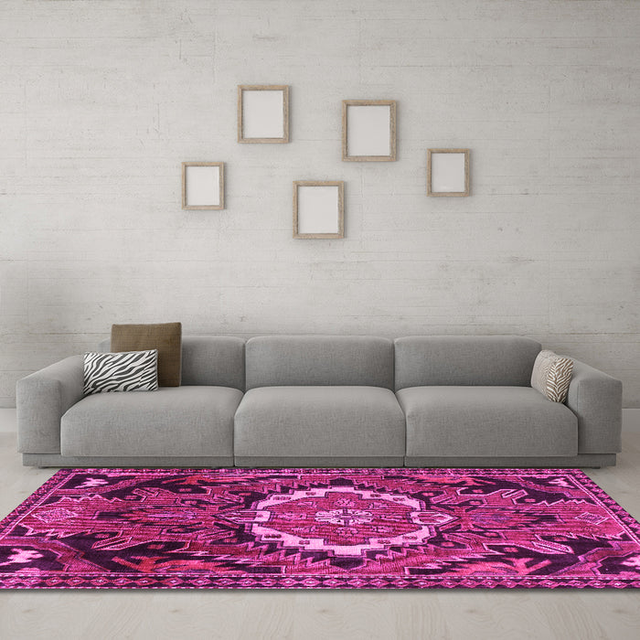 Machine Washable Medallion Pink Traditional Rug in a Living Room, wshtr3786pnk